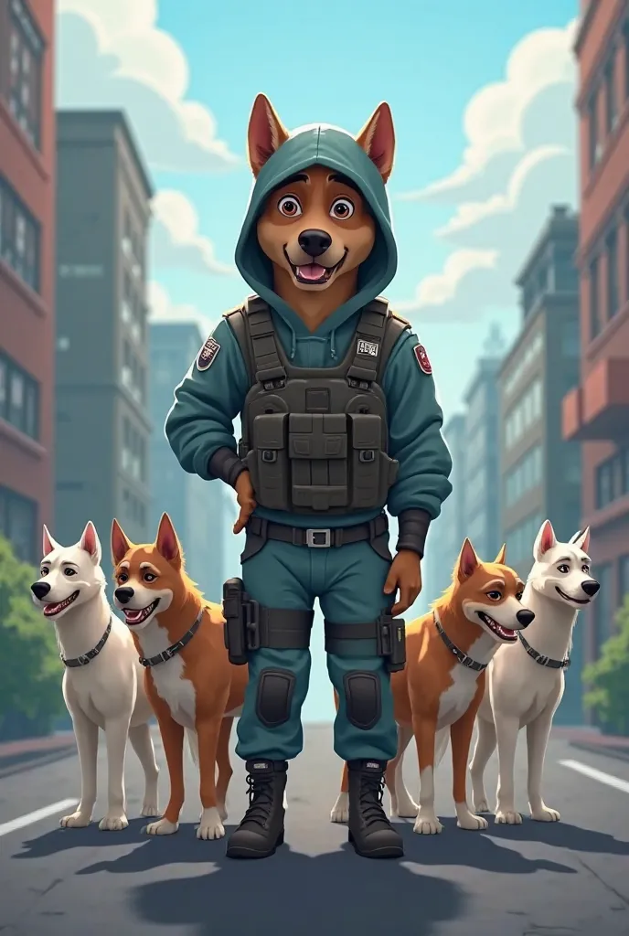 An animated image of a hooded dog wearing a tactical suit and accompanied by 5 ghostly dogs floating behind him touching his back with one leg each and the 6 of them standing in the middle of a city street and several buildings can be seen in the backgroun...