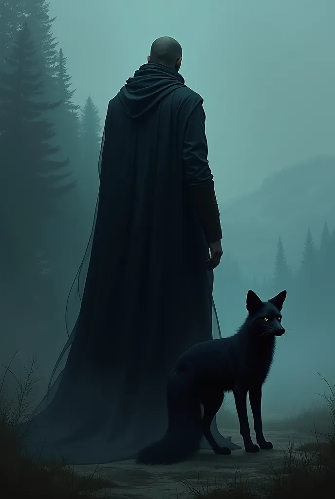 A tall man dressed in a black cloak facing his back and a black fox next to him get light fog in the background and a landscape at night