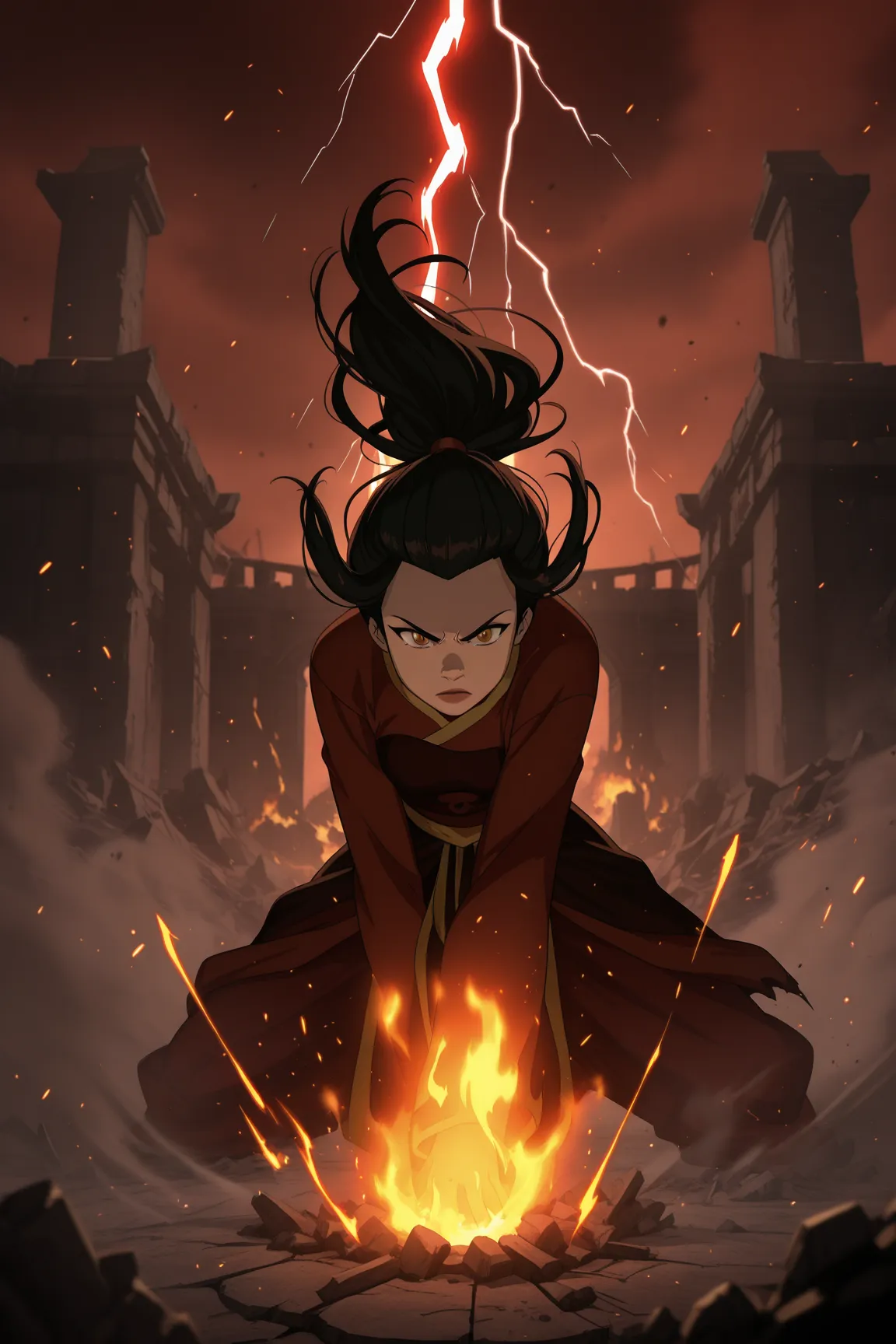 (masterpiece, best quality), ultra-detailed, absurdres, newest, 4K, Azula /(avatar/), 1girl, solo, firebending, flames, serious expression, intense gaze, dynamic pose,  lightning bending, crackling energy, hair flowing, cinematic lighting, dramatic backlig...