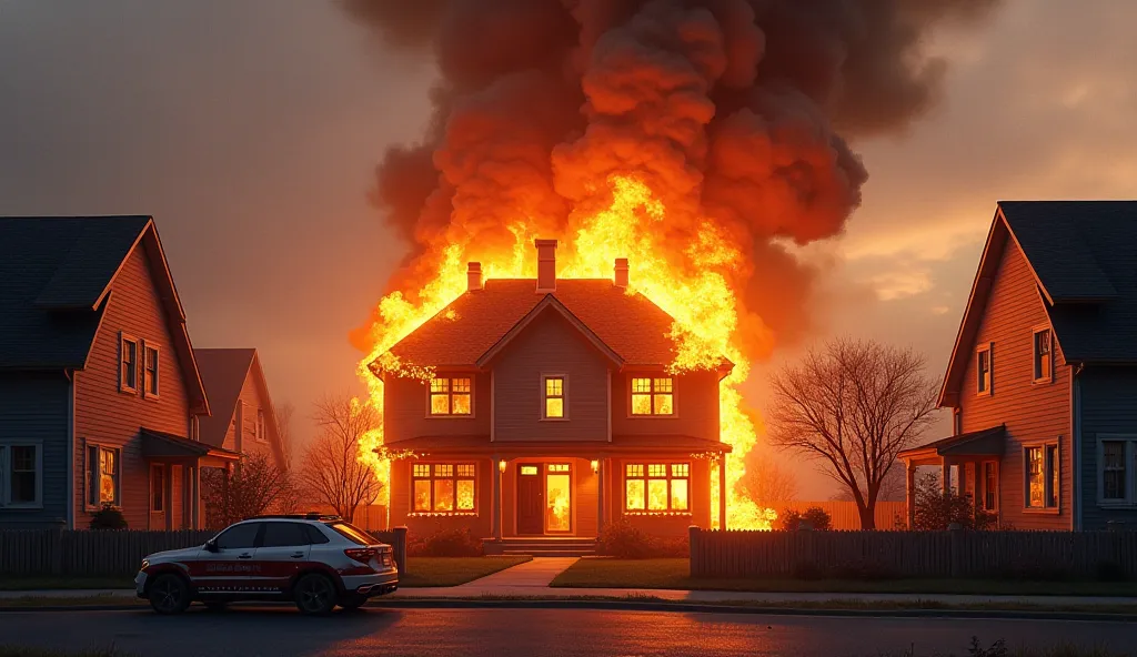 A house is burning with fire and there is an ambulance without humans. The house is burning amid three houses. It is the one in the text and it burns