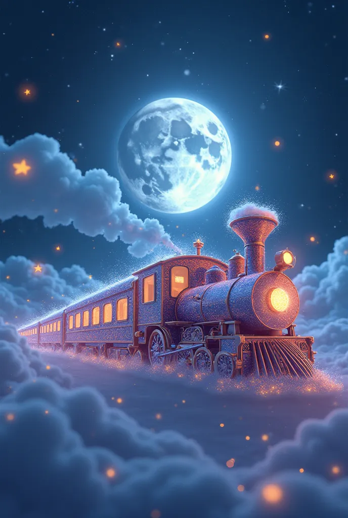 a dreamy train made from stardust with a big moon animation