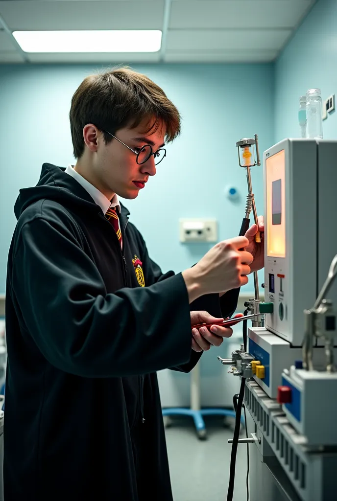 A technician dressed as harry potter holding a screwdriver trying to repair a dialysis machine in a hospital room 