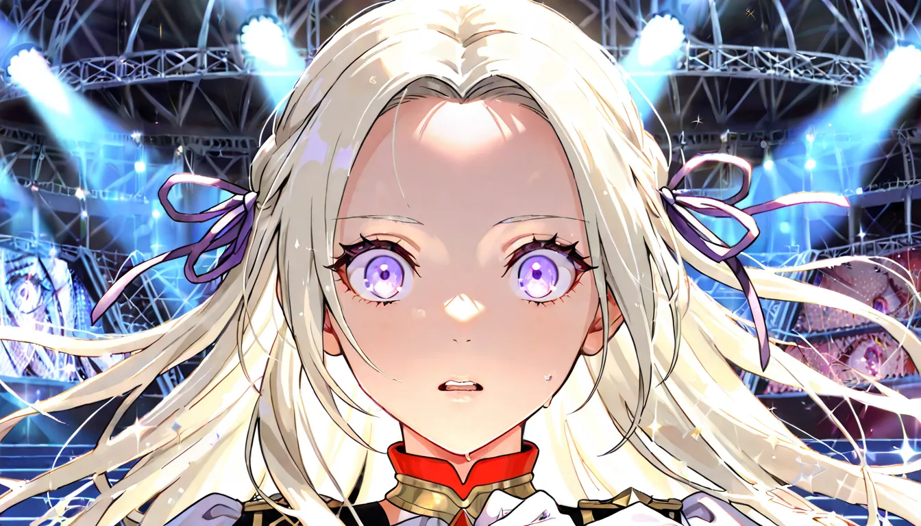 edelgard_Fire Emblem, edelgard von hresvelg, 1girl, solo, long hair, wide-eyed, parted lips, hand on own chest, lowered eyebrows, blonde hair, open your mouth, purple eyes,  hair ribbon, White idol clothes, Clothes with ribbon on the chest, holding Purple ...