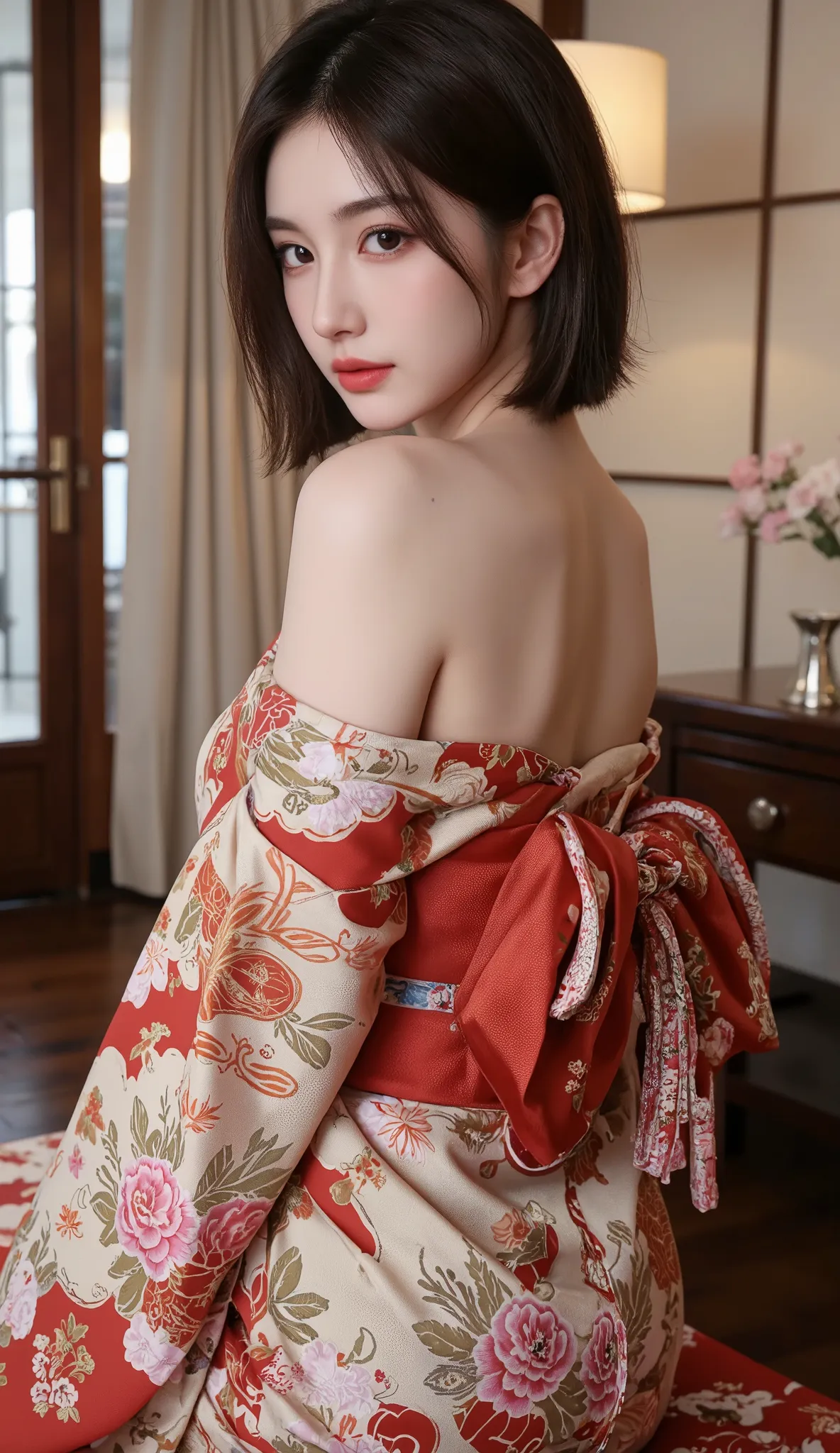 (masterpiece:1.3), (8K, Realistic, RAW Photos, Best image quality: 1.4), (((full body))), (((Absolutely shoulder-length brown straight short bob))), raw photo, Japanese, (1 Girl), beautiful girl, 1 girl, Half Japanese and half Korean, Big Breasts, 
Sexy ba...