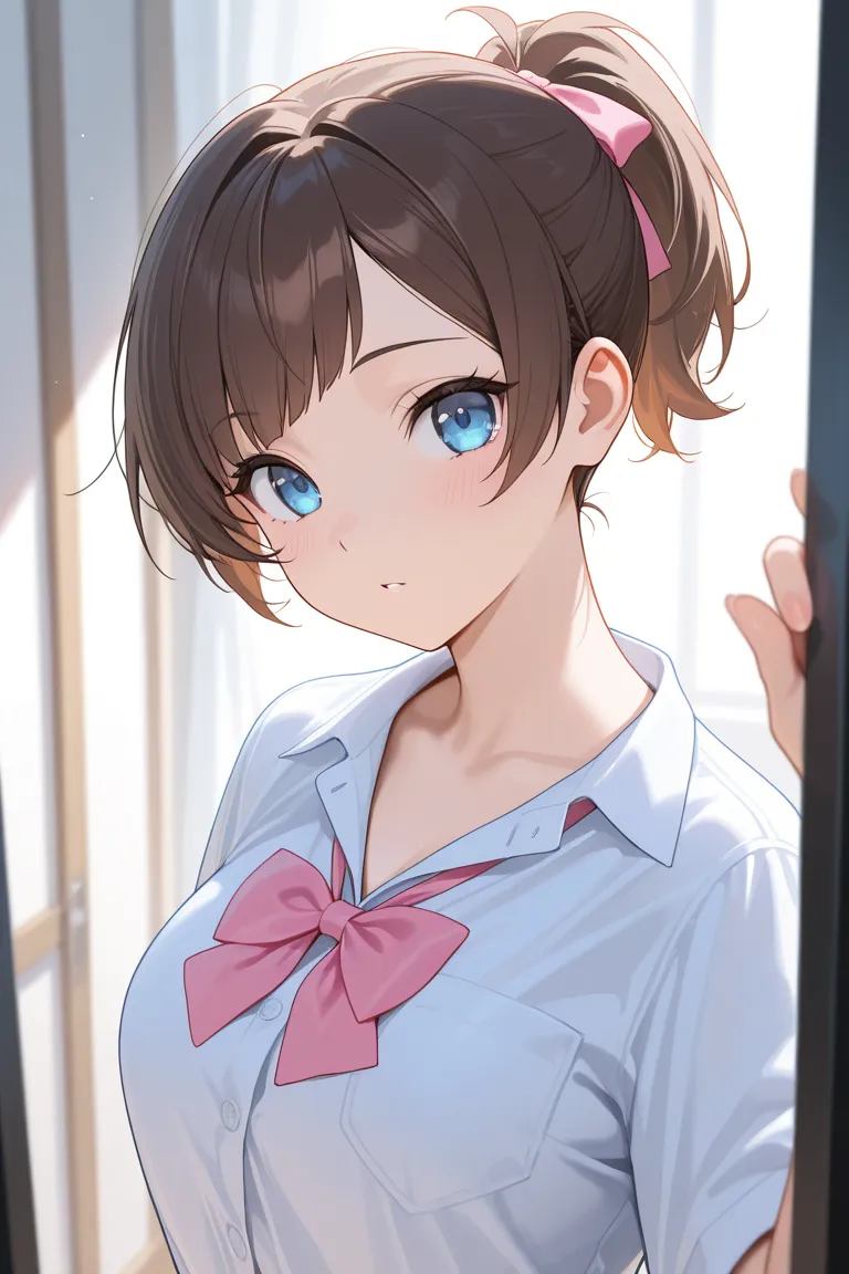 masterpiece, best quality, highres, newest, 1girl, bow cut hairstyle, brown hair, very short hair, one ponytail, pink bow on ponytail, blue eyes, 