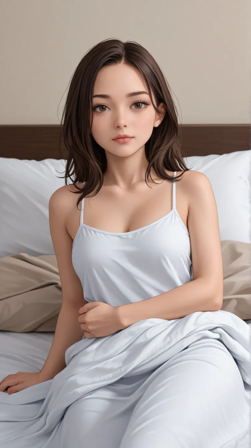 A brunette girl who just woke up is lying under the covers in bed with a thoughtful face 