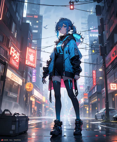 (masterpiece), (top quality), super high resolution, Sharp focus, (( 1 female, alone)), full body,  cyberpunk theme , Beautiful Detailed Hair, light blue hair tied at the top, Long hair hanging down, beautiful detailed face, ((Beautifully shaped eyes,  blu...