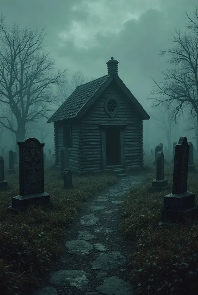 Image of a grave that is like an abandoned old house of a woman in a dark and cloudy and dark cemetery