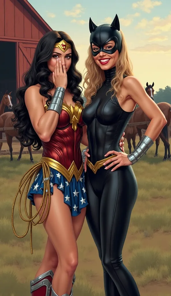 A vivid painting of two female heroes in a rural setting, standing in front of a barn with horses in the background. On the left, a character dressed as Wonder Woman, wearing the golden armor and the Lasso of Truth, is smiling and covering her mouth with o...