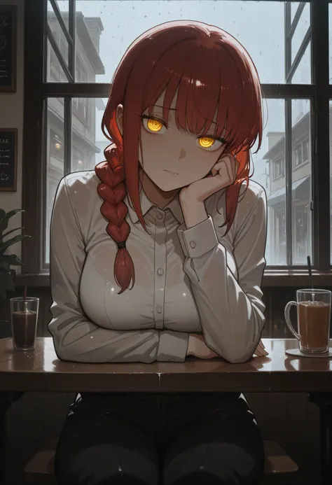 masterpiece, by piaki,  best quality, very detailed, 
1 girl, Makima, red hair, braided ponytail, large breasts, yellow eyes, ringed eyes, glowing eyes,
White collared shirt, black pants,
Indoor, cafe, sitting at a table, sad expression, head resting one o...