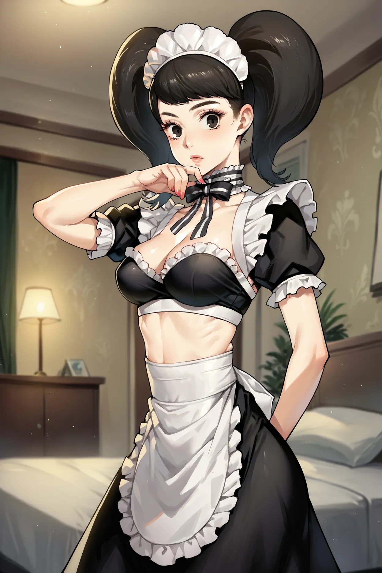 1 girl, solo, Sadayo Kawakami, black hair, black eyes, large breasts, most of body, pose, home, bedroom, twintails, sexy, maid costume