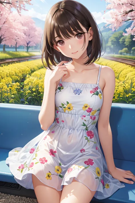 real skin, ，, Very small build ，very thin thighs at the train station，，(( Seems smaller :1.3) sheer floral casual dress)，naked，outside，Midsummer Garden，Yellow rapeseed，Cherry blossoms are starting to bloom、 annegas no、shiny brown hair, short hair, ( beauti...