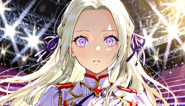 edelgard_Fire Emblem, edelgard von hresvelg, 1girl, solo, long hair, wide-eyed, parted lips, hand on own chest, lowered eyebrows, blonde hair, open your mouth, purple eyes,  hair ribbon, White idol clothes, Clothes with ribbon on the chest, holding Purple ...