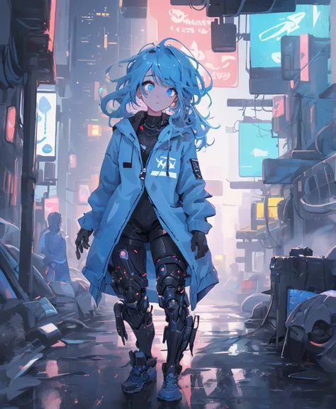 (masterpiece), (top quality), super high resolution, Sharp focus, (( 1 female, alone)), full body,  cyberpunk theme , Beautiful Detailed Hair, light blue hair tied at the top, Long hair hanging down, beautiful detailed face, ((Beautifully shaped eyes,  blu...