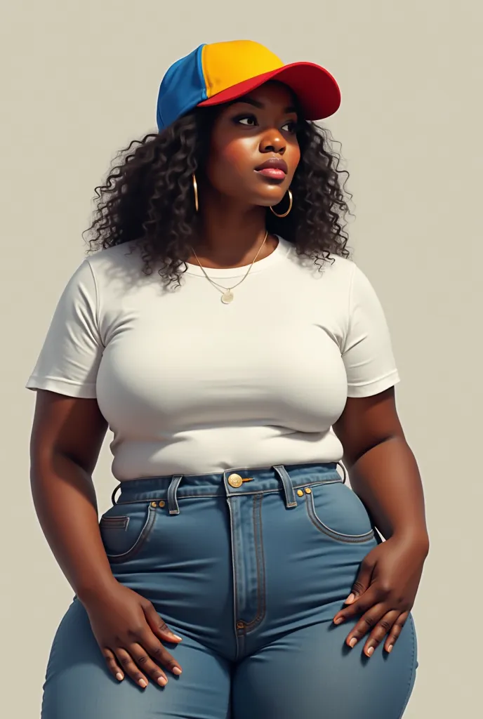 masterpiece,best quality,amazing quality, shorts, white t-shirt, yellow, blue and red cap, dark skinned girl, wide hips, thighs, sagging breasts