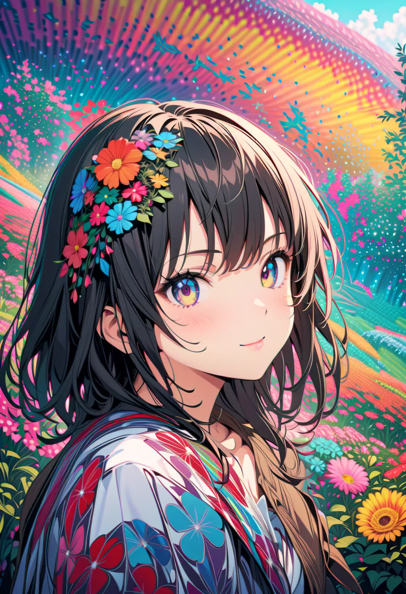 (masterpiece, top quality, official art:1.2), (colorful), perfect anatomy in the flower park, and stare at the audience,one girl, alone, white black, floating colorful water, super precise illustration,  High Details , dynamic angle,  beautiful detailed , ...