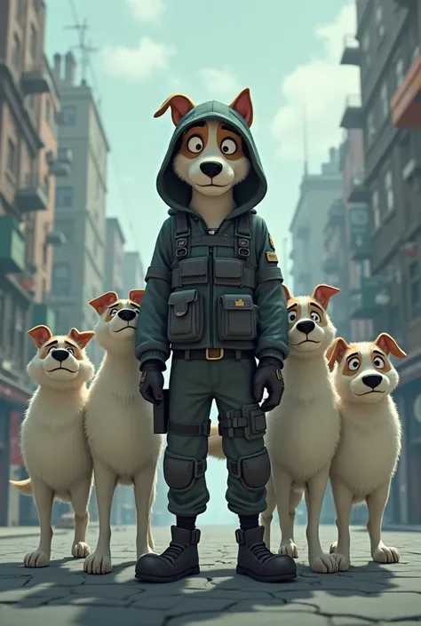 An animated image of a hooded dog wearing a tactical suit and accompanied by 5 ghostly dogs floating behind him touching his back looking at him sadly and with one leg each and the 6 of them standing in the middle of a city street where you can see several...