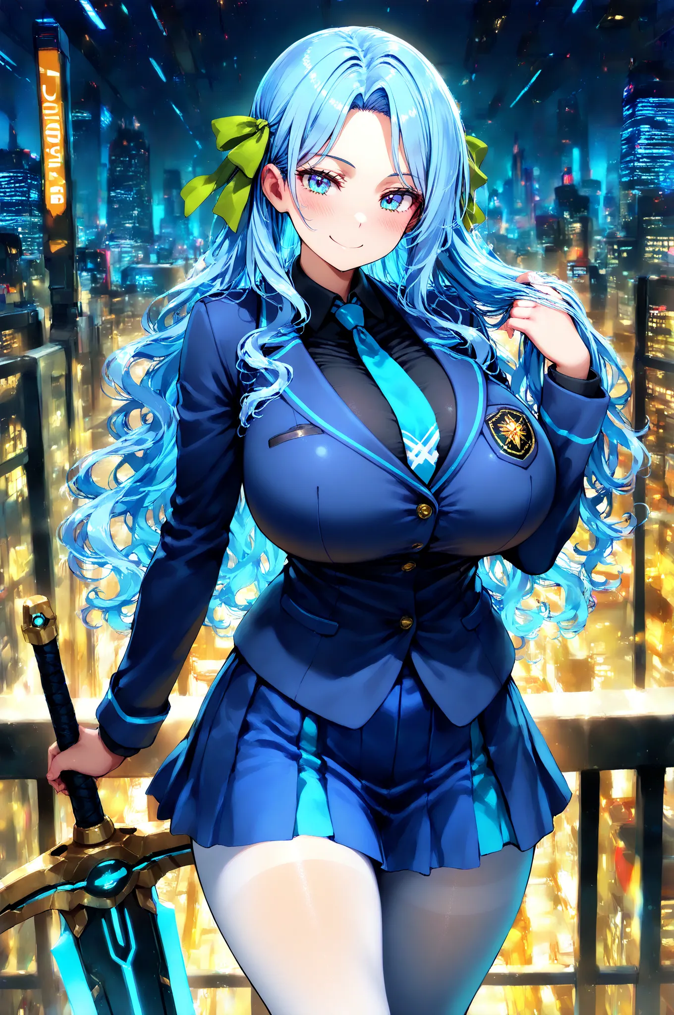 solo,young woman,blue hair,sagitales,light blue eyes, smiles bewitchingly,long wavy hair,big breasts,wear a black shirt,wear a blue blazer,Wear a blue uniform,Wear a blue tie,wear a long blue skirt,wear white tights,Attach a green ribbon to your hair,big r...