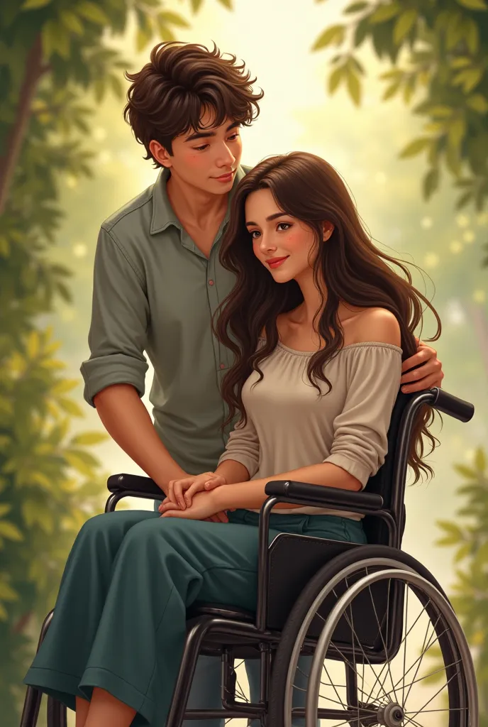 A young woman with long dark hair, wheelchair user and her boyfriend with wavy hair and brown eyes.