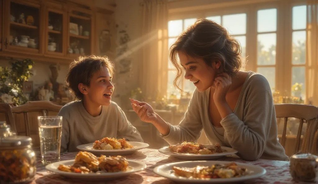 "Lucas and his mother sit at the dining table, eating lunch. Lucas is animatedly talking about space, while his mother listens with a patient smile. The table has plates of food and a glass of water. The room is cozy, with sunlight streaming in through a n...