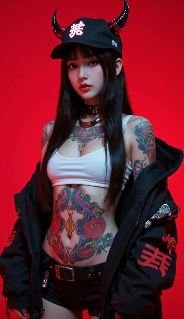 full body image ,
A futuristic-looking woman and cyberpunk, wearing edgy black clothes with red accents. x} He has long straight black hair with flat bangs, bright red eyes that appear to shine, as well as technology-themed accessories such as wires and me...