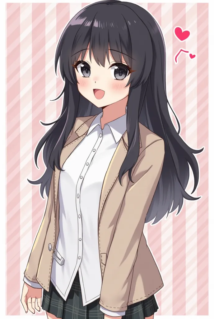 rating:safe, heart, black_eyes, striped, smile, diagonal_stripes, open_mouth, 1girl, blush, :d, bangs, black_hair, striped_background, jacket, long_hair, shirt, long_sleeves, eyebrows_visible_through_hair, collared_shirt, blazer, white_shirt, flying_sweatd...