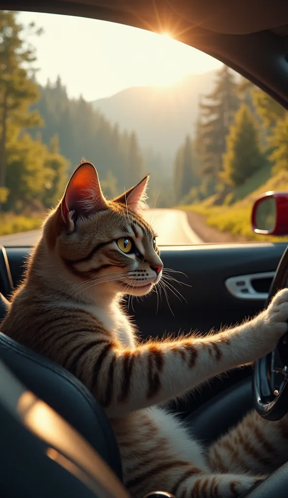 "Create a realistic cinematic video of a cat driving a high-performance sports car