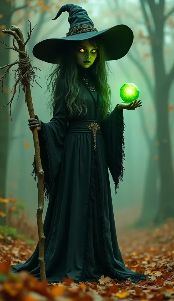 A mystical young witch with an eerie yet enchanting presence stands in a foggy autumn forest. She has glowing golden eyes, delicate but haunting facial features, and green skin. Her long, messy, dark greenish-gray hair flows wildly around her face. She wea...