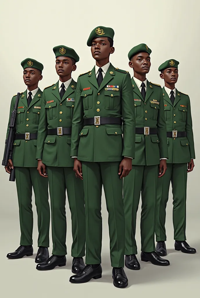 Grenada Cadet Corps wearing green military jacket, green pants, green caps with body armour and guns 