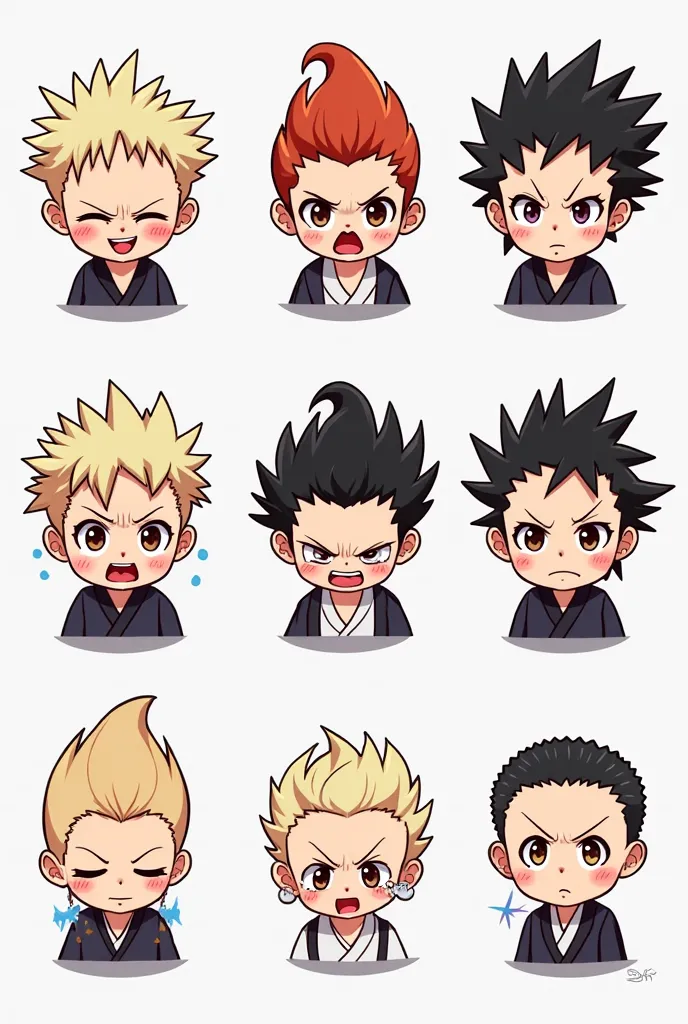 Create a set of 9 chibi-style emotes of characters from Jujutsu Kaisen, drawn in a 2D anime-inspired style with exaggerated facial expressions. Each emote should have a clean white background and depict a unique expression or emotion. The characters should...