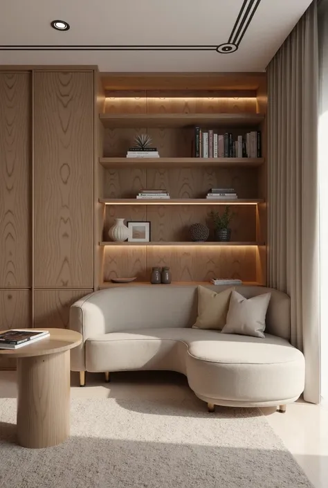  create an interior design office, neutral tones with wooden details the room is 350x440 cm on the 350 cm wall has an 80 cm door and on the rest of the wall I would like a curved sofa facing the sofa I would like an L bench for work and the main one has ro...