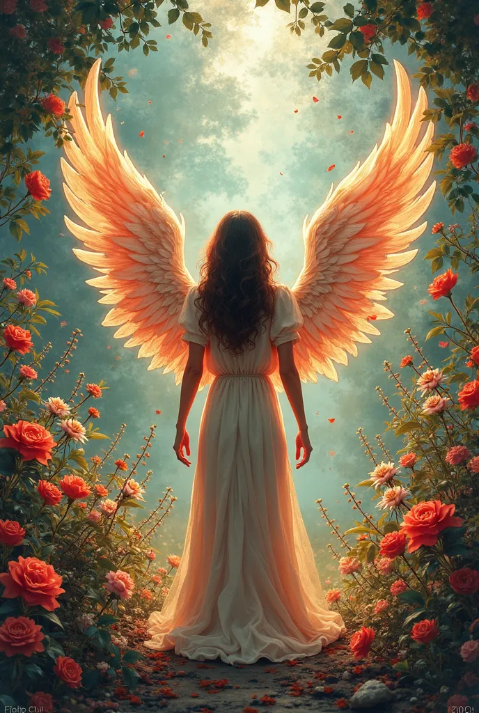  Creates a book cover , with flowers and large letters that say a woman's wings. the lyrics in spanish. May the woman have her wings behind her and shining