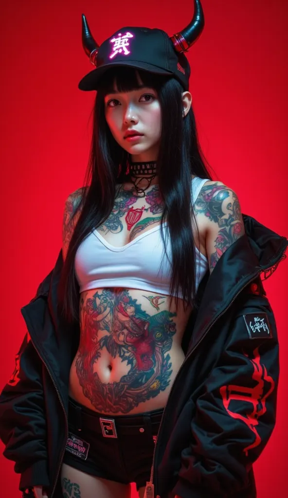 full body image ,
A futuristic-looking woman and cyberpunk, wearing edgy black clothes with red accents. x} He has long straight black hair with flat bangs, bright red eyes that appear to shine, as well as technology-themed accessories such as wires and me...