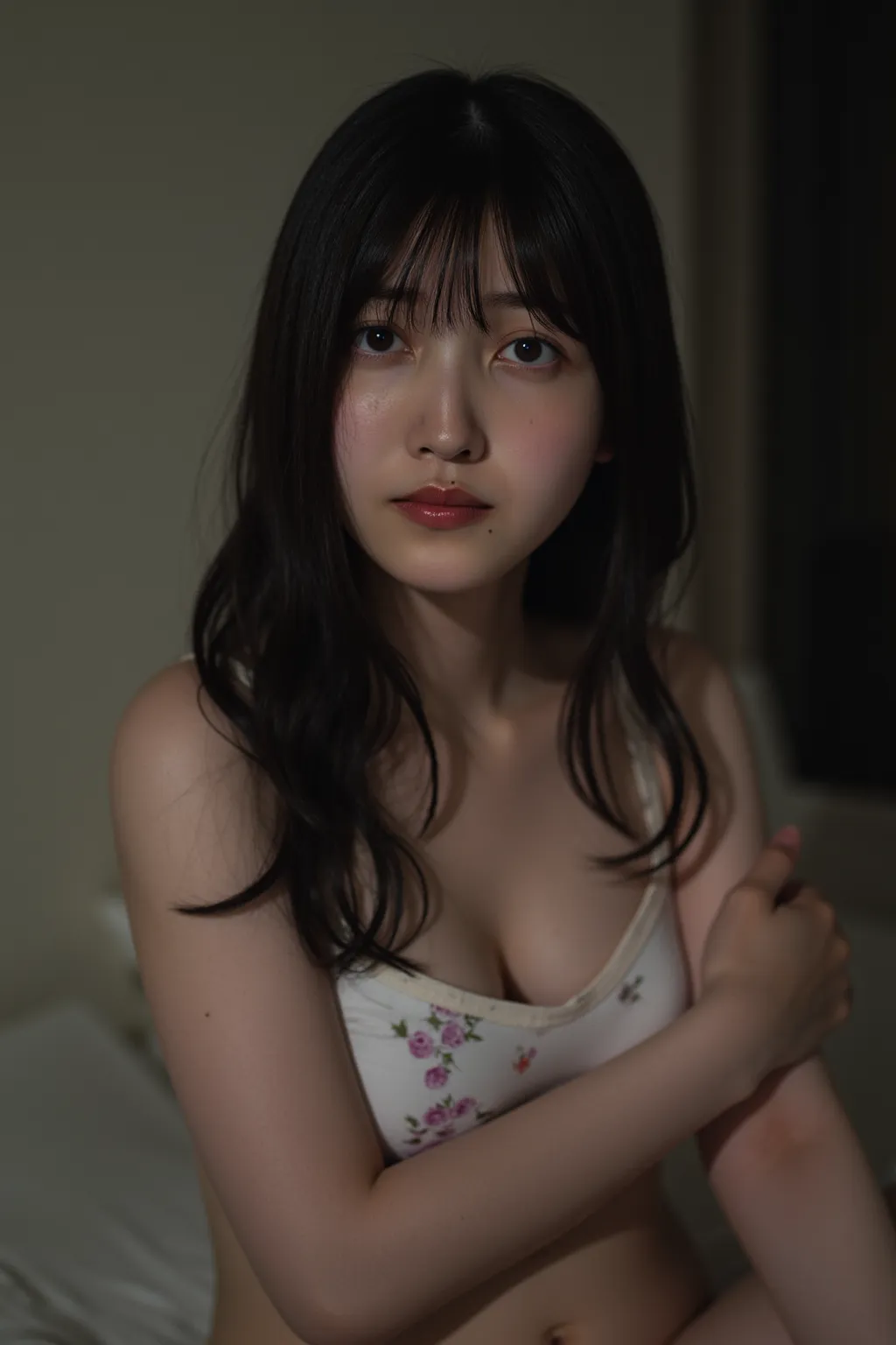 Long straight hair after suction、  has bangs、20 year old young Asian woman      ,   she was so sexy      ,    I'm 160 cm tall.  A gentle and delicate expression、Floral underwear、   She's staring at me with a shy expression  、It's dark at night 、on my hotel...