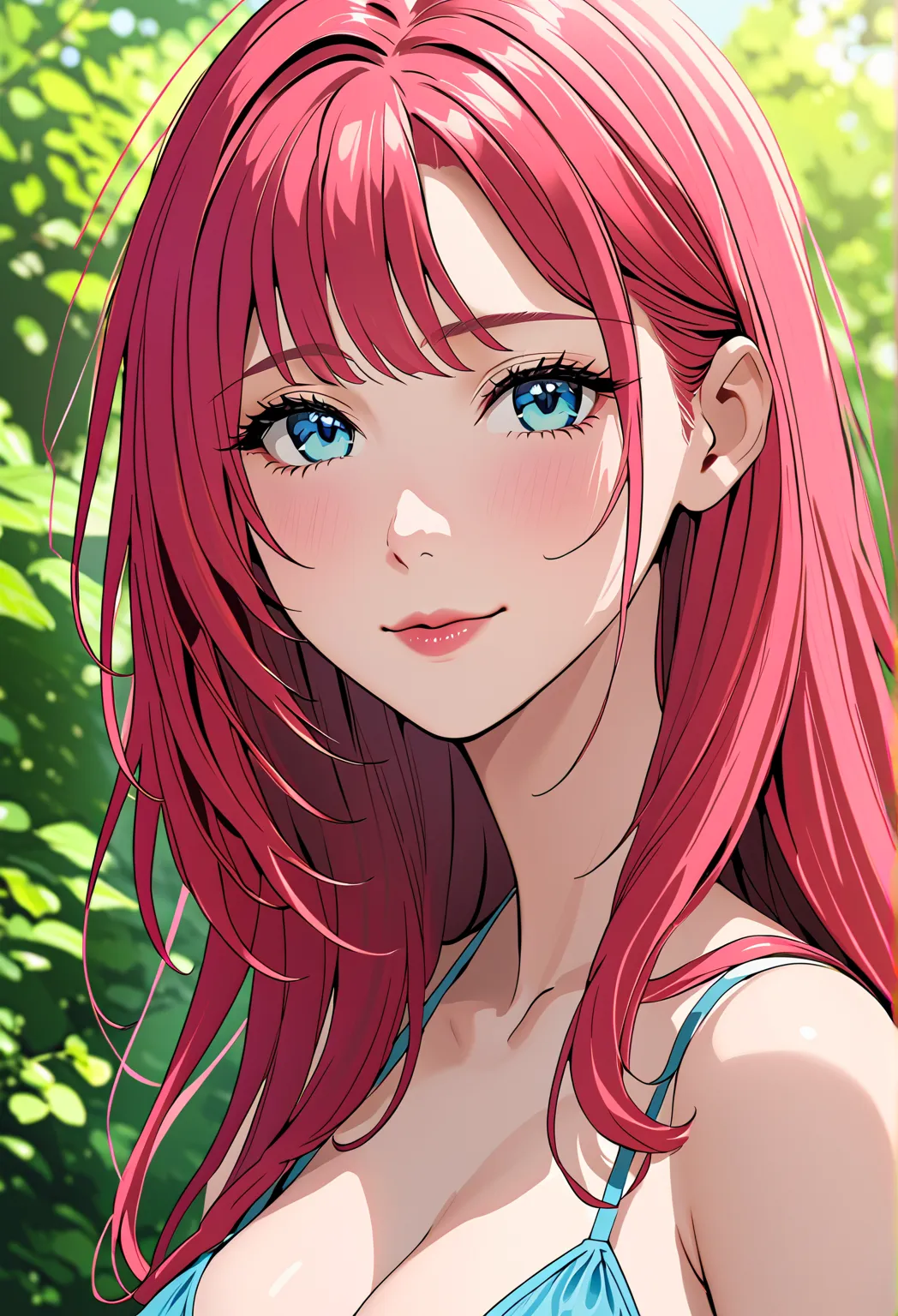 (Highest quality、masterpiece、Ultra-fine、Ultra-fine、delicate、delicate、16K、Full HD) 、((boost mood)),One girl, alone, One girl, One Girl、red long hair、blue eyes、large breasts, wearing a blue color bikini 、sunny、 sweet smile、(full of energy)、Long eyelashes、Whi...