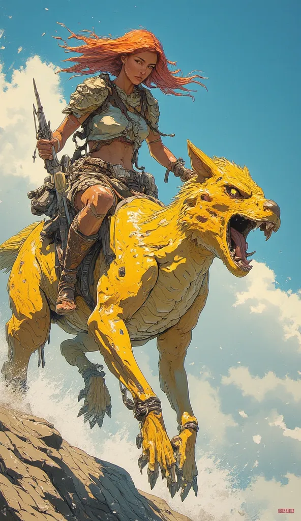 Cave woman, red orange hair, wearing wolf skin,  riding a running yellow big  beast bird, (same big as a dinosaur),  intense, accurate,  accurate images, from below
 ultra HD quality, 8k, frank Frazetta art style 