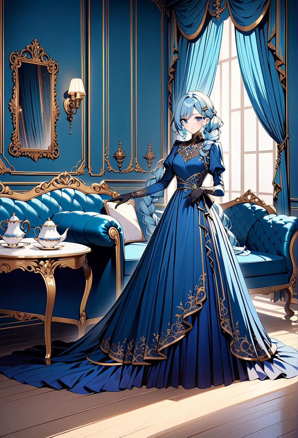 Girl (light blue hair, (HAIRSTYLE "Elegant French Braid")(very long)  one pigtail to the waist, (very long 1) waist-length braid, 1 long braid) ( golden shell hair clip),  (blue eyes), (Women's blue vintage evening dress,  floor-length lace A-LINE DRESS wi...