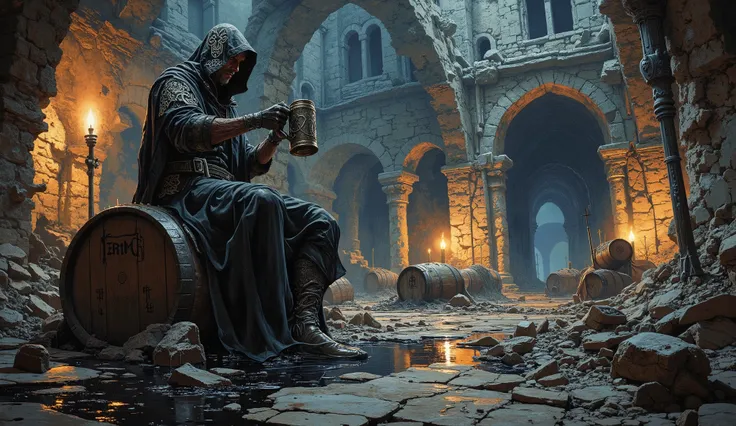 A wide, rectangular digital painting, 7.5 cm height by 16 cm width, portraying a ruined medieval brewery at night, blending dark fantasy and cyberpunk anime aesthetics. The ancient brewery is partially collapsed, with crumbling stone walls and gaping holes...