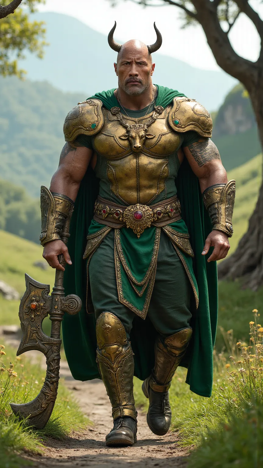 Dwayne "The Rock" Johnson reimagined as a majestic human-Taurus hybrid walking and holding a bronze war axe, dramatic atmosphere, 1 male､ 

dald head, strong jawline, and intense dark brown eyes. Small, sturdy bull-like horns protrude from his head.

He we...