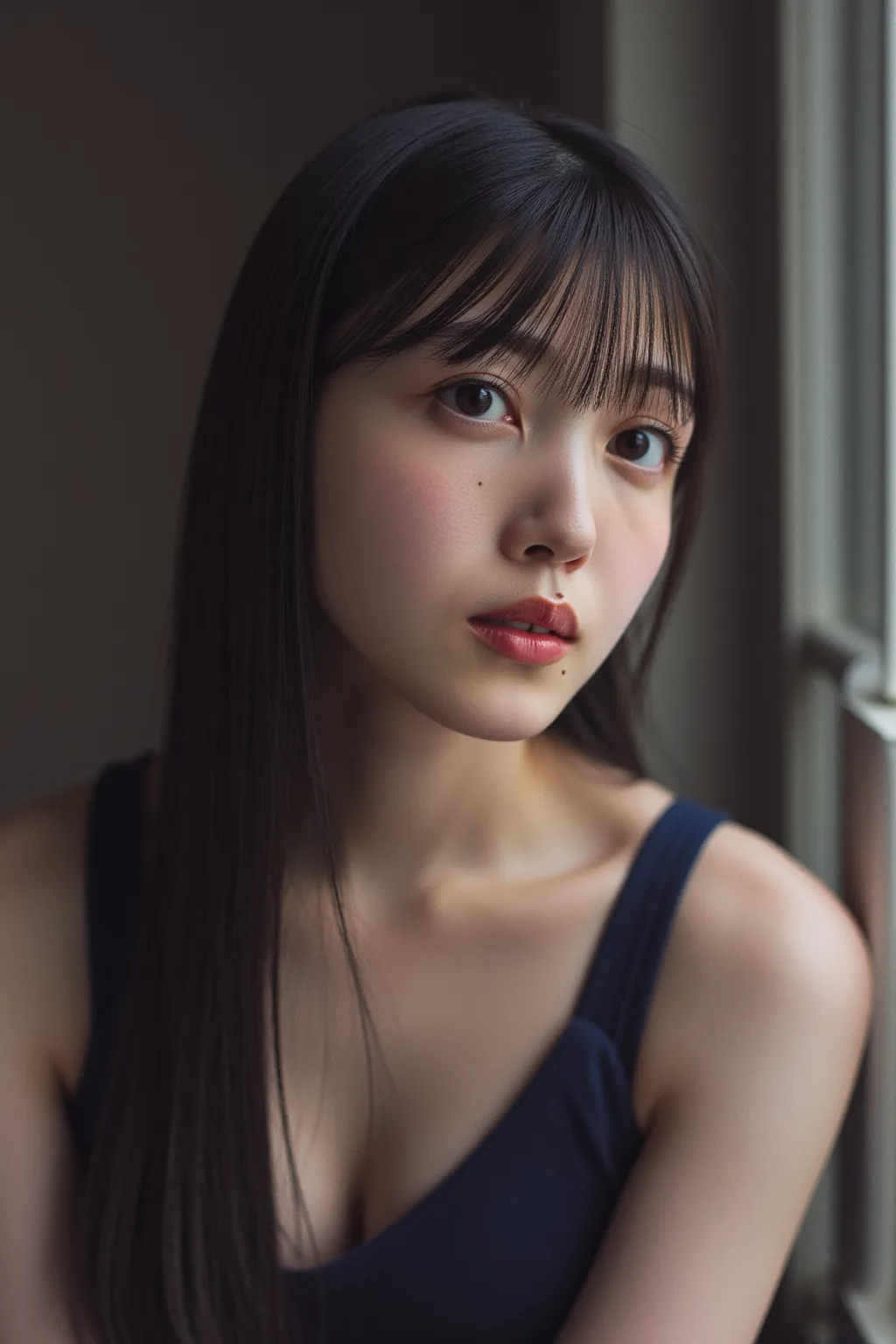 Long straight hair after suction、  has bangs、20 year old young Asian woman      ,   she was so sexy      ,    I'm 160 cm tall.  A gentle and delicate expression、Navy blue underwear、   She's staring at me with a shy expression  、It's dark at night 、On the b...