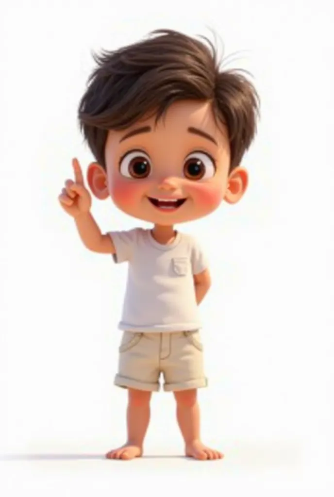 A baby boy , with dark brown eyes and short brown hair, smiling happily.  he's standing, wearing a white shirt and shorts set, making the number 1 gesture with the right hand. The style of the image should be similar to the Pixar animations, with vibrant c...