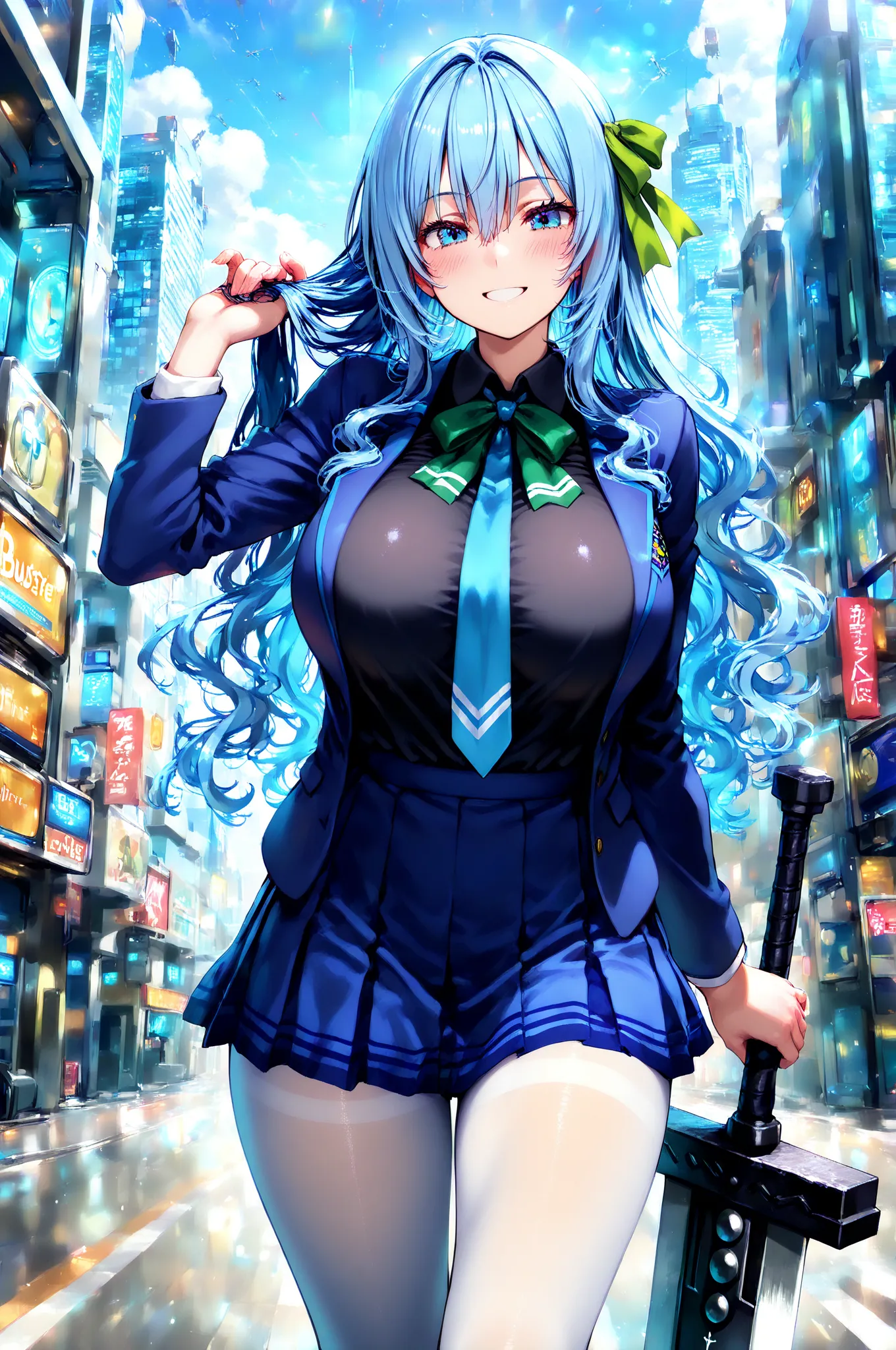 solo,young woman,blue hair,sagitales,light blue eyes, smiles bewitchingly,long wavy hair,big breasts,wear a black shirt,wear a blue blazer,Wear a blue uniform,Wear a blue tie,wear a long blue skirt,wear white tights,Attach a green ribbon to your hair,big r...