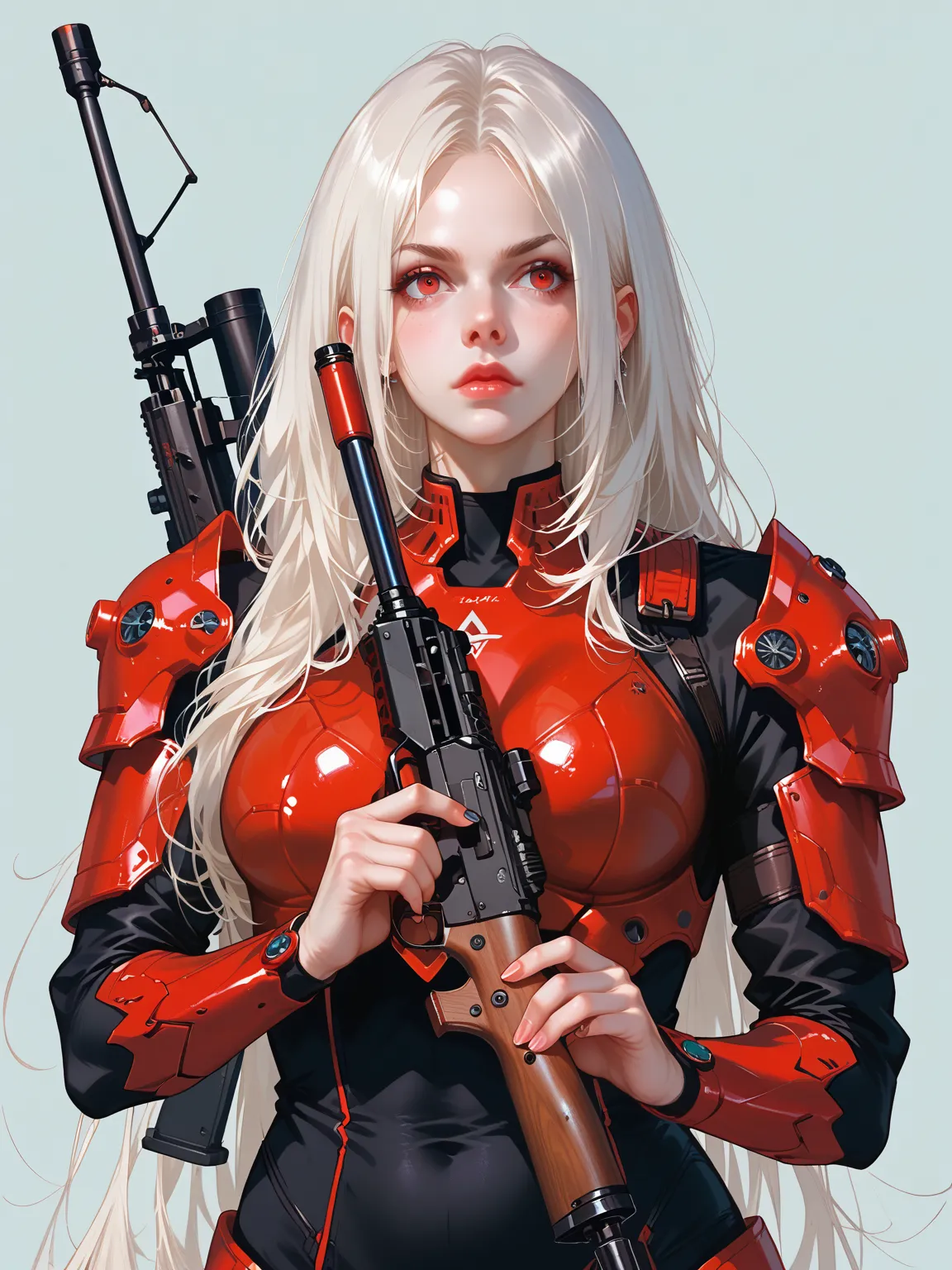 Masterpiece, score_9, score_8_up, score_7_up, Elegant woman, Yor Bihar, illustration of a woman with long flowing hair, white hair and sharp red eyes. She has a serious, slightly cold expression. She is wearing futuristic black and red armor with sharp, an...