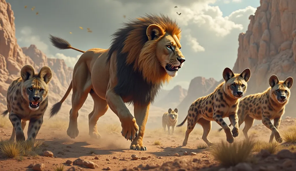 Create an image of a battle between a Lion x Hyena and several Hyena watching