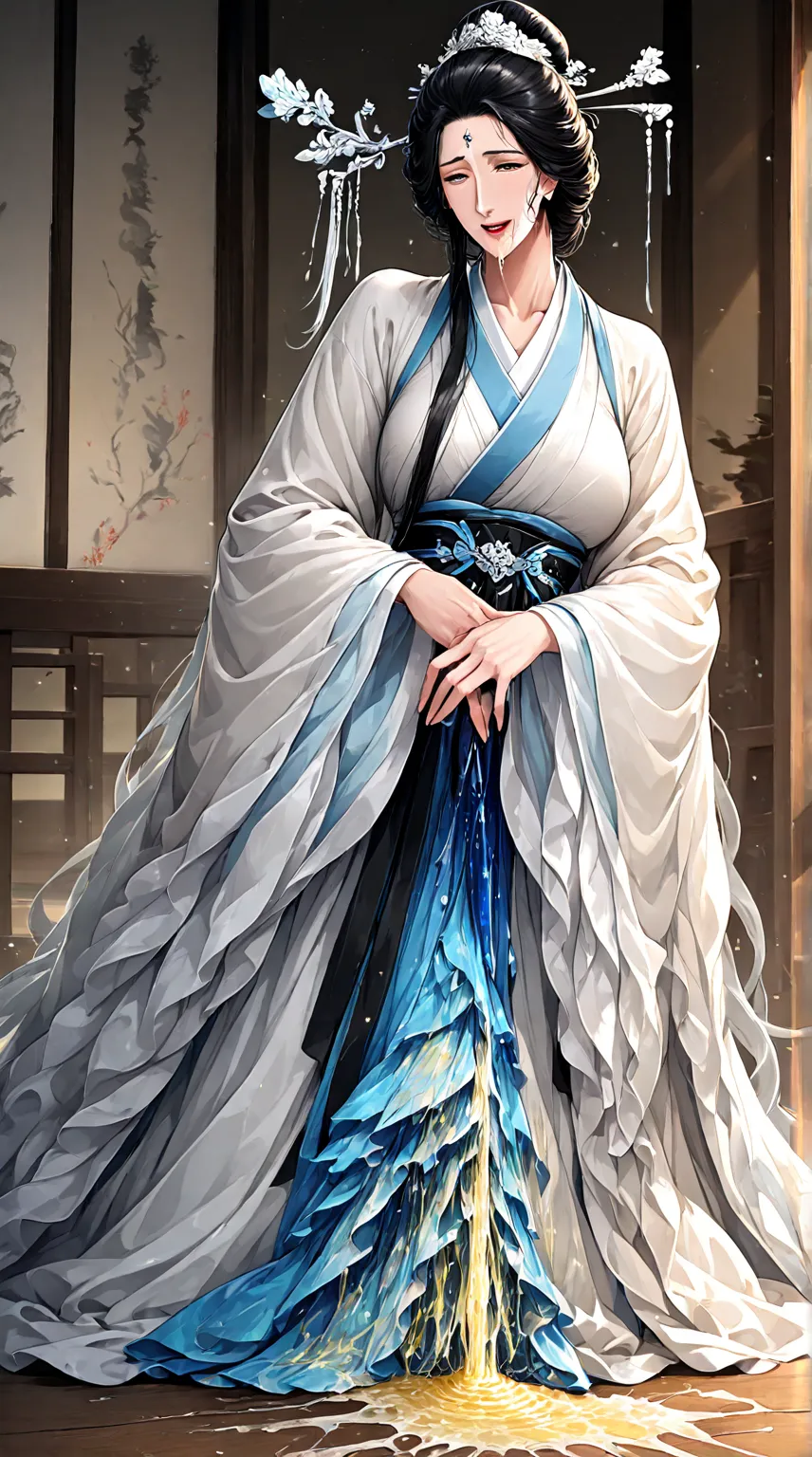 A very beautiful and mature fairy，long black hair scattered with a few white hairs，also has a beautiful white hairpin on his head，The eyes are cold，， exquisite face，is in excellent shape，, wears a beautiful black and white yarn Hanfu，with white silk，，with ...