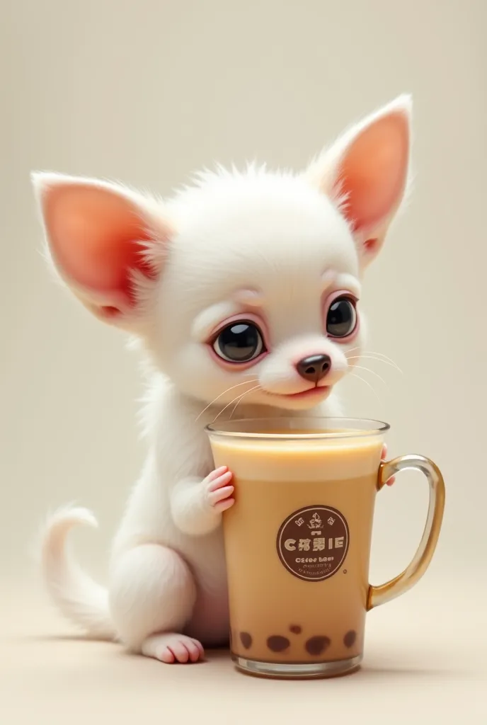 A white Chihuahua dog with one ear, one ear folds, one side of the big eye, is holding a glass of pearl milk tea, where the mug has the logo of a cafe named Incha.