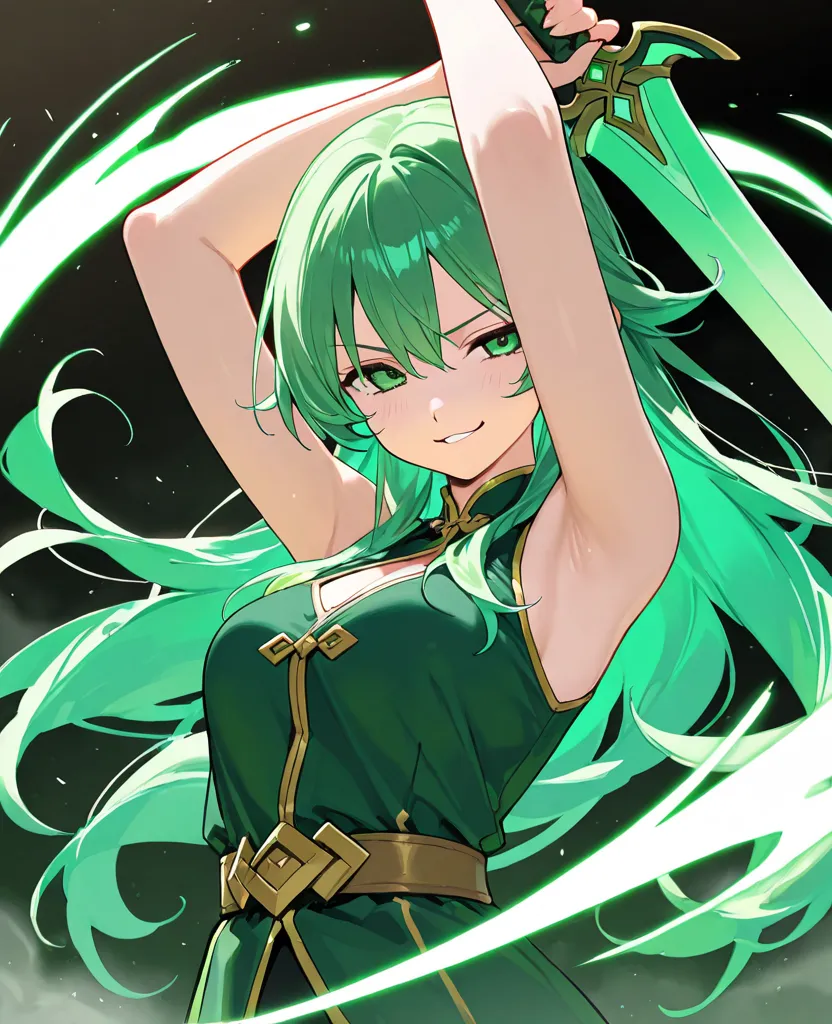 1 girl, green hair, green eyes, holding the sword, raised 2 her arms upwards, show her 2 armpit, sleeveless outfit, long hair, hair flow, smirk