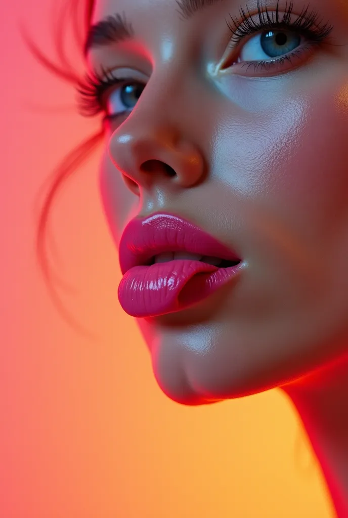 Ultra realism, photorealism, Close up on Sexy mouth, pink lipstick, she is biting bottom lip in a sexy suggestive manner, lovely orange and pink background colours, blue eyes, beautiful, perfect skin  