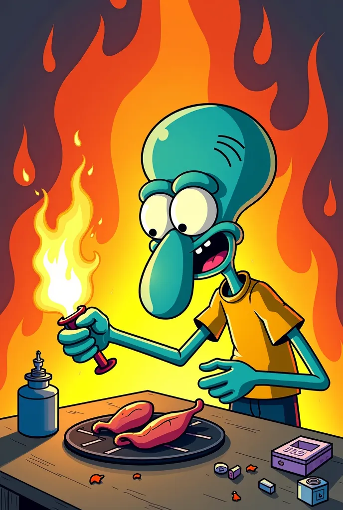 cartoon of a man with a fire in his hand and a woman in a yellow shirt, a cartoon inspired by Rodney Joseph Burn, tumblr, auto-destructive art, squidward taking an acid trip, the god of propane, the background is on fire, handsome squidward as male, cartoo...