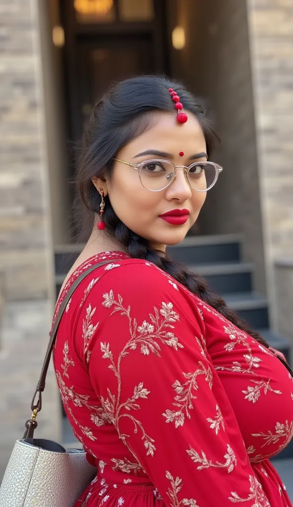 Spectacles woman with thick curvy mom body physique, woman with a small black dot bindhi and red sindoor, woman wearing a transparent spectacles, woman with black single plaited hair, woman looking at camera, woman looking at camera, woman wearing sexy eve...